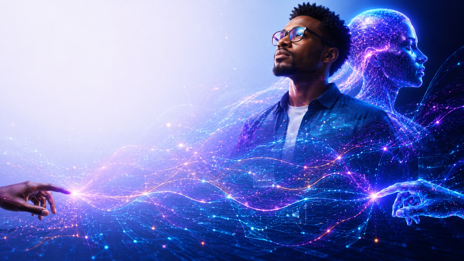 Person standing beside a glowing AI figure with digital network lines